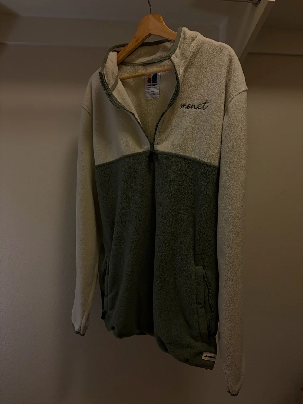 Monet Two-Tone Half-Zip Teddy Fleece Jacket in Cream and Sage Green